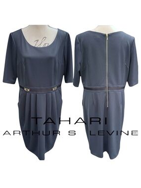 Tahari ASL Blue/Grey Short Sleeve Pocket Pleated Skirt Back Zip Dress (16)